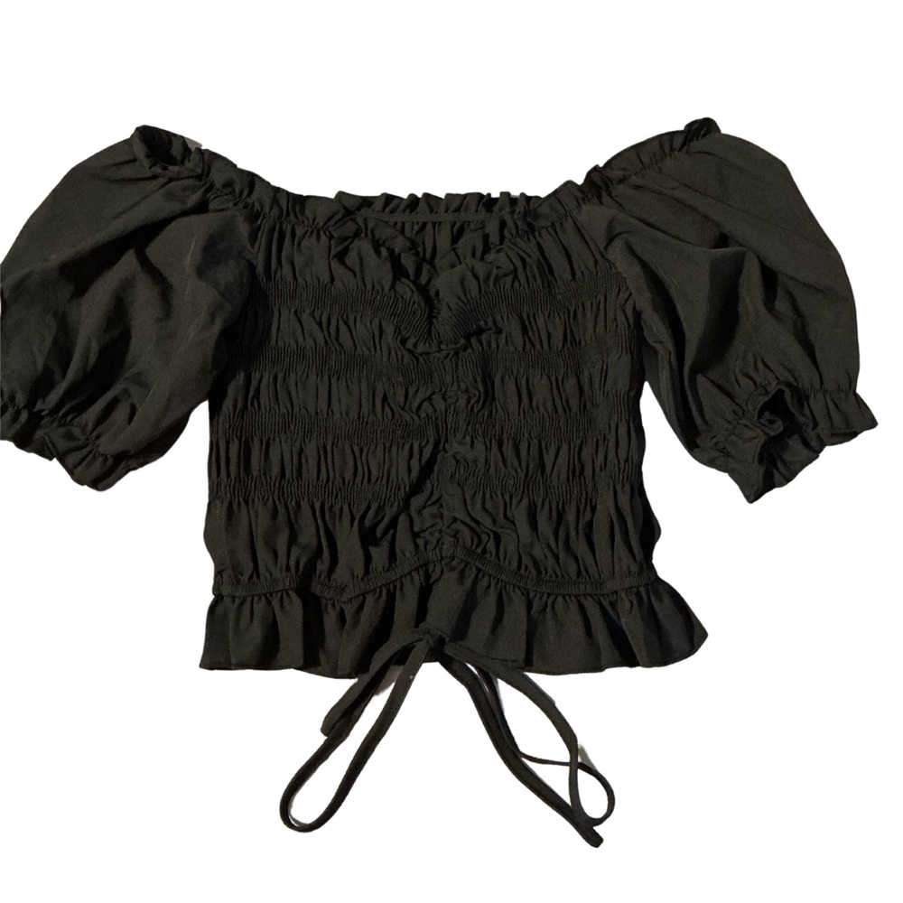 Smocked Off-Shoulder Puff Sleeve Top - Black